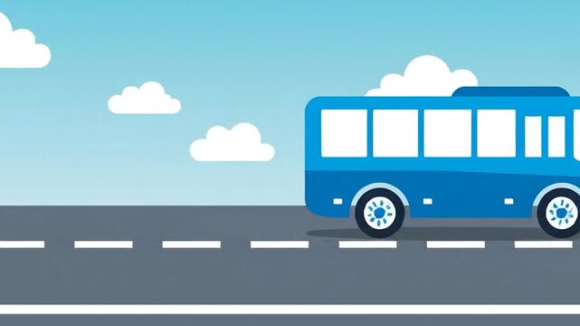 A blue cartoon bus travels along a road under a clear sky with clouds
