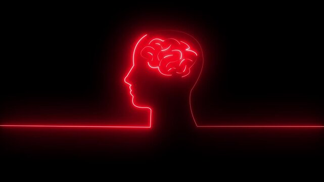 Red Neon Human Head Silhouette With Brain Outline mind brain 4k animation video concept. 