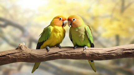 Obraz premium Two Colorful Lovebirds Perched on a Branch Sharing a Quiet Moment Together