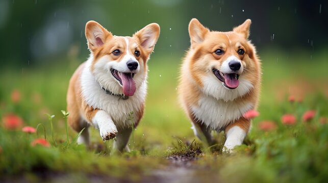 Two cheerful Pembroke Welsh Corgis running toward the camera across a sunny grassy field together