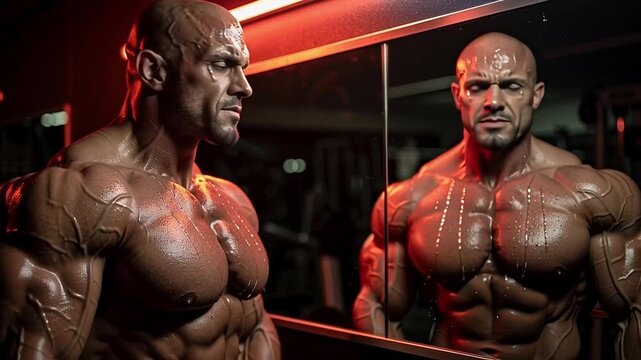 Muscular Bodybuilder Posing in Front of a Mirror in a Gym.