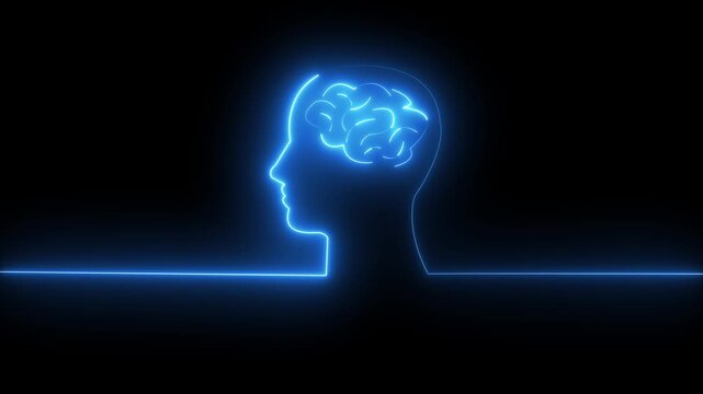 Blue Neon Human Head Silhouette With Brain Outline animation video concept. 