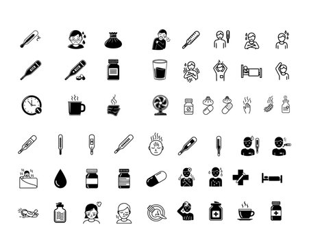 Fever Icon Set Black and White Vector Collection &ndash; High Temperature, Thermometer, Sick Patient, Medical Symptoms, Healthcare Line Icons Pack for UI, Apps, Web, Infographic Design