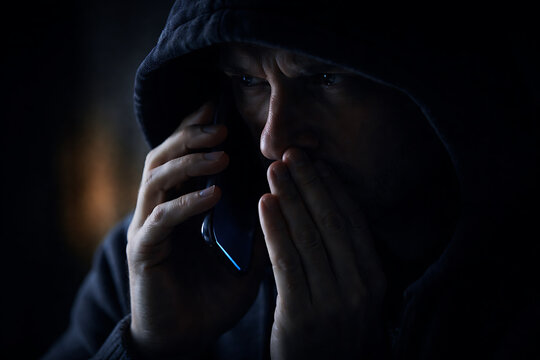 A person shrouded in shadow, engrossed in a secretive phone conversation, with an expression of worry and a hoodie