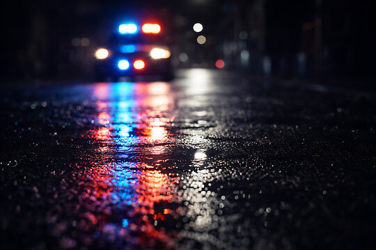 Police car with flashing lights on a rainy street at night