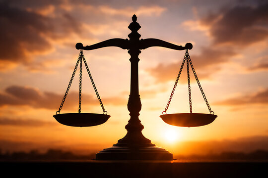 The Scales of Justice Silhouette Against the Sunset: Symbolizing fairness, balance, and the essence of law and order. A compelling visual representation of ethical principles and the pursuit of truth.