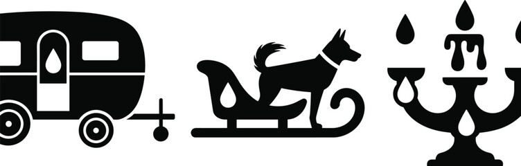 Black silhouette icons of vintage travel trailer camper, winter dog sled with husky, and traditional candle candelabra isolated on white background (22 words) © Mojahid