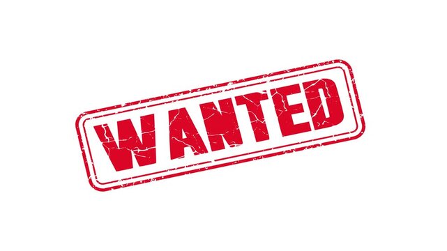 Wanted rubber stamp icon animation with red letters isolated on White background, Rubber stamp animation, Wanted stamp slide down motion graphics. Rubber Stamp Icon 4k video.