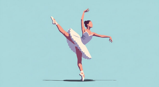 Elegant ballerina dancing en pointe in white tutu on light blue background with graceful pose