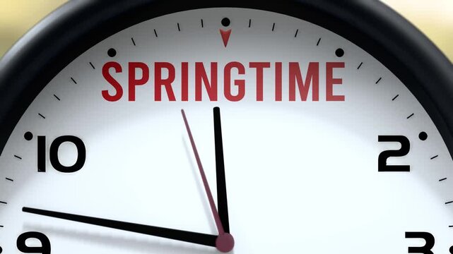 Springtime that is going to happen soon. Upcoming springtime, approaching in the near future. Springtime almost here, in a short time - a clock symbolizes a reminder that springtime is near.