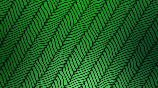 Seamless green woven geometric pattern animation, interlocking diagonal lines forming a herringbone texture, deep emerald and dark green gradient