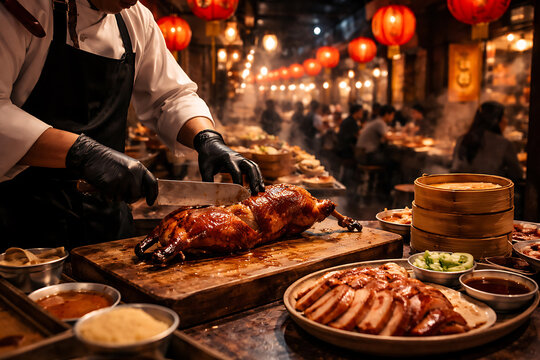 A chef expertly slicing a roasted duck, with a restaurant setting, the table is set with food around the duck