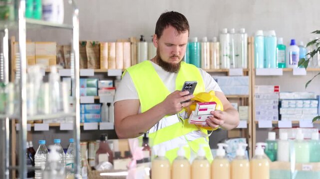  Young man builder in uniform scanning qr code for box of paracetamol tablets in pharmacy