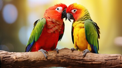 Obraz premium Two Vibrant Parrots Perched Side by Side Sharing a Tender Beak-to-Beak Moment on a Bright Branch