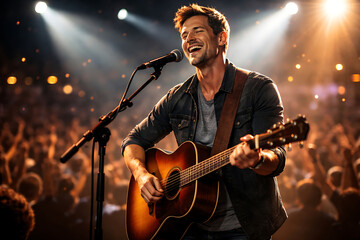 Obraz premium A musician singing and playing guitar on stage during a concert