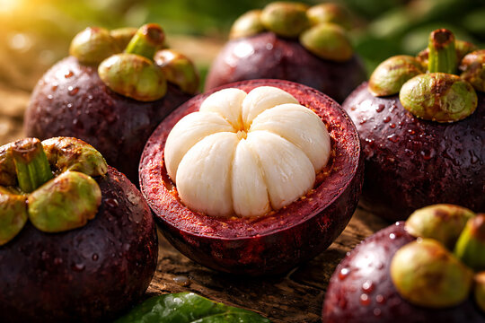 A close-up shot of mangosteen fruit, with one cut open revealing the white segments