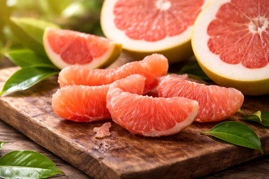 A grapefruit sliced, segments arranged on a wooden board with leaves