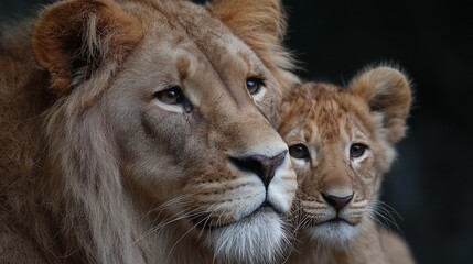 Fototapeta premium A close-up portrait of a lion and its cub, showcasing their bond and majestic presence in the wild.