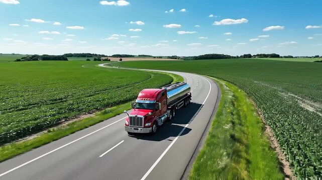 Agricultural Logistics Truck Transporting Farm Produce Along Rural Highway Through Green Agricultural Landscape Under Blue Sky