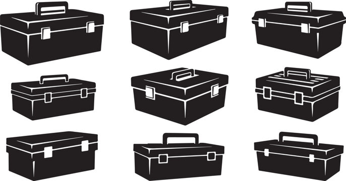 Collection of black toolboxes with silver hardware and handles