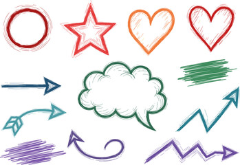 A collection of hand-drawn shapes, including arrows, hearts, stars, and speech bubbles.