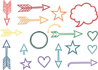 Colorful Hand-Drawn Design Elements: Arrows, Stars, Hearts, and More