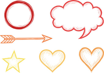 Sketched Icons: Circle, Speech Bubble, Arrow, Star, and Hearts