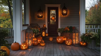 Obraz premium Halloween porch with pumpkins and lanterns at dusk .