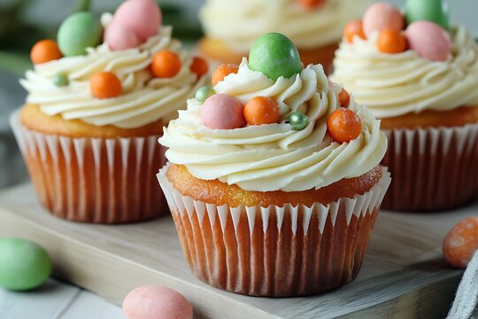 An enticing showcase of delightful Easter cupcakes adorned with creamy frosting and carrot candies, ideal for baking promotions and engaging holiday marketing.