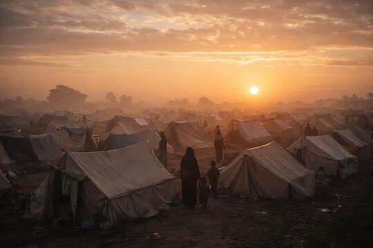 A solemn depiction of an expansive refugee camp under an overcast, dusky sky. The scene evokes a sense of desolation and the harsh realities of displacement.