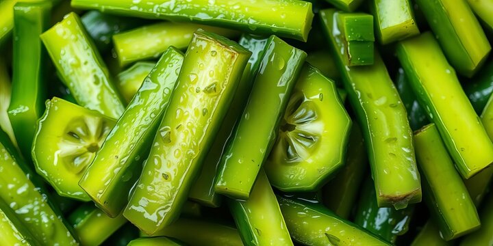 Thinly sliced dill pickle spears, vibrant green, glistening with brine,   condiment,  tangy