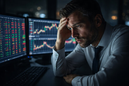 A man looks at the stock market with stress and worry