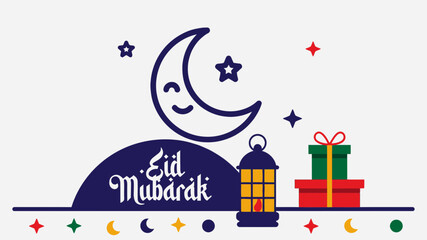 Fototapeta premium Eid mubarak festive illustration with crescent moon lantern gifts and stars on white background for ramadan celebration