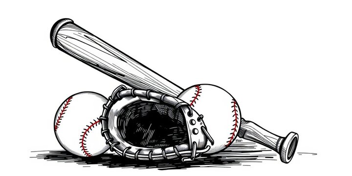 Whimsical sketch of baseball bat, ball, glove, and trophy, rendered in black ink on white background,  sport,  simple