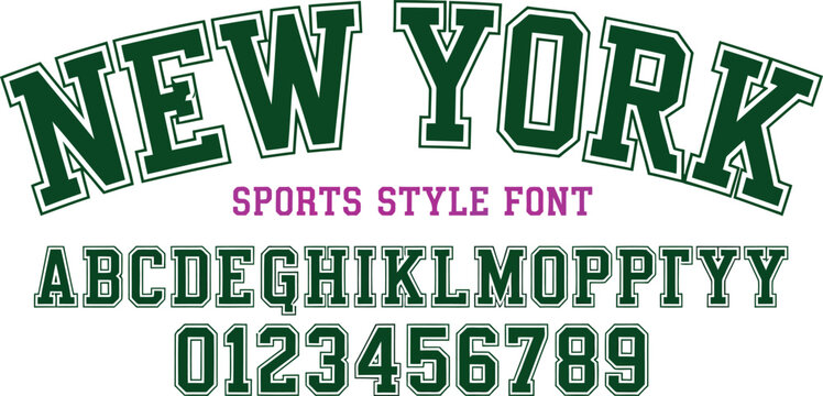 New York Sports Style Font Vector Set Featuring Dark Green Collegiate Block Letters with Purple Accented Typography and White Inline Detail for University Branding