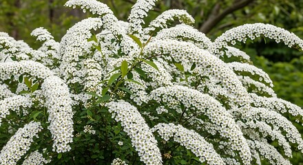Abundant clusters of small white blossoms arch gracefully from a dense shrub in an outdoor setting