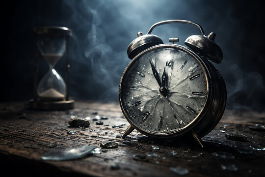 A broken clock with shattered glass, symbolizing the passage of time. A vintage alarm clock with a dark, smoky backdrop, capturing a moment of ruin
