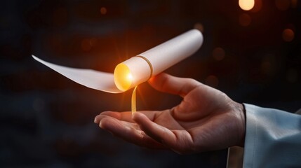 Hand Holding Illuminated Scroll With Light Shining Through Paper Against Soft Dark Background Creating Magical Atmosphere
