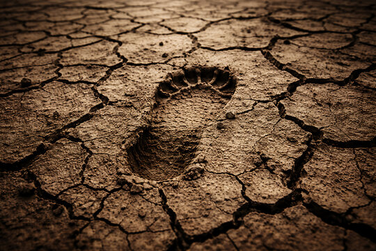 A lone footprint pressed into cracked earth, a stark image of the impact on the environment