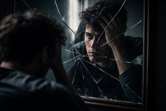 Man gazing at his reflection in a shattered mirror, grappling with his emotions