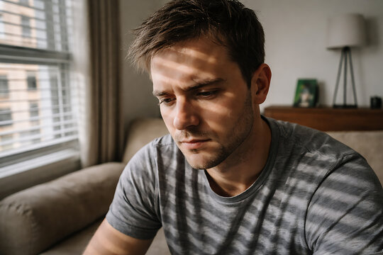 A pensive man, bathed in natural light, sits by a window, lost in thought. His furrowed brow and somber expression tell a tale of introspection