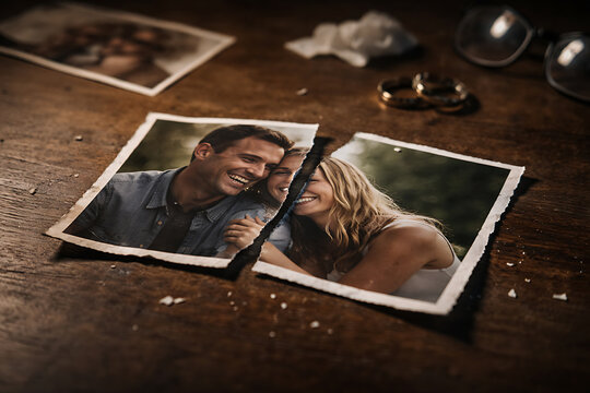 A torn photograph of a smiling couple with wedding rings on a wooden table, symbolizing separation and heartbreak
