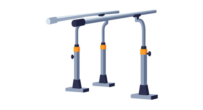 Adjustable steel parallel bars used for physical therapy and rehabilitation exercises in a medical or gym facility.