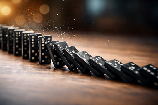 Dominoes toppling in a row, symbolizing a chain reaction