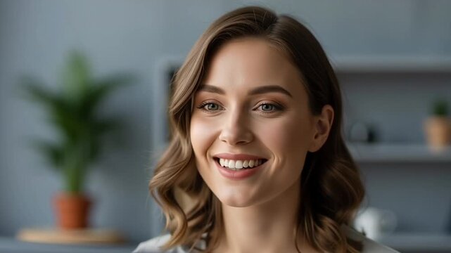 Smiling woman with brown hair indoors.