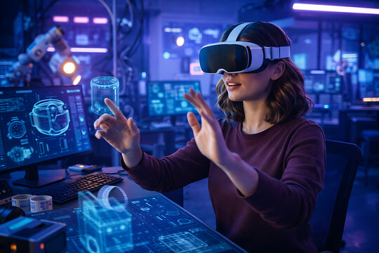 A woman immersed in a virtual reality experience using VR glasses in a futuristic lab. She interacts with holographic projections and digital interfaces