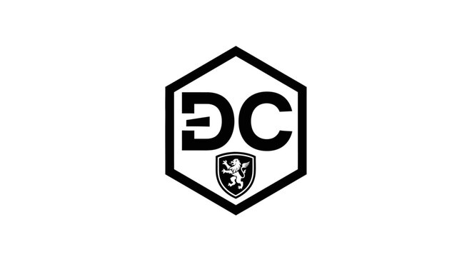 Black and white logo with DC initials and heraldic shield in hexagon