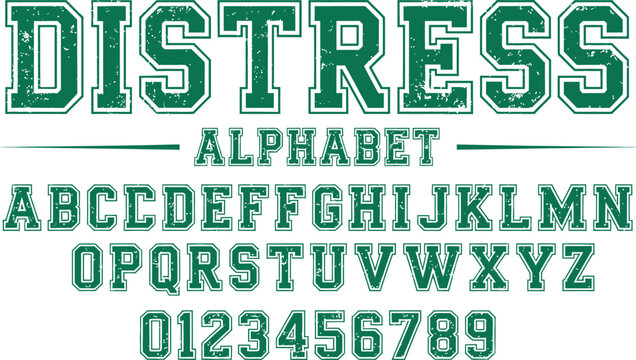 Green Distressed Varsity Alphabet and Number Vector Set Featuring Textured Collegiate Block Font for Sports Apparel and Team Branding Designs