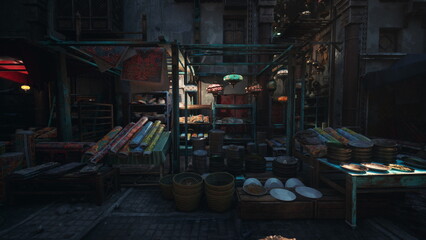 Fototapeta premium dim night market stall with lanterns, vendor arranging spices and textiles in narrow cobblestone alley under warm lamp light, moody cinematic atmosphere