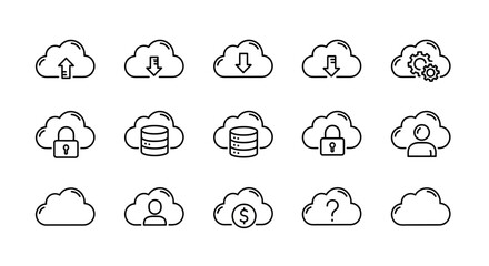 Fototapeta premium Cloud Computing Icons Set: Upload, Download, Settings, Security, Data, User, Money, Question
